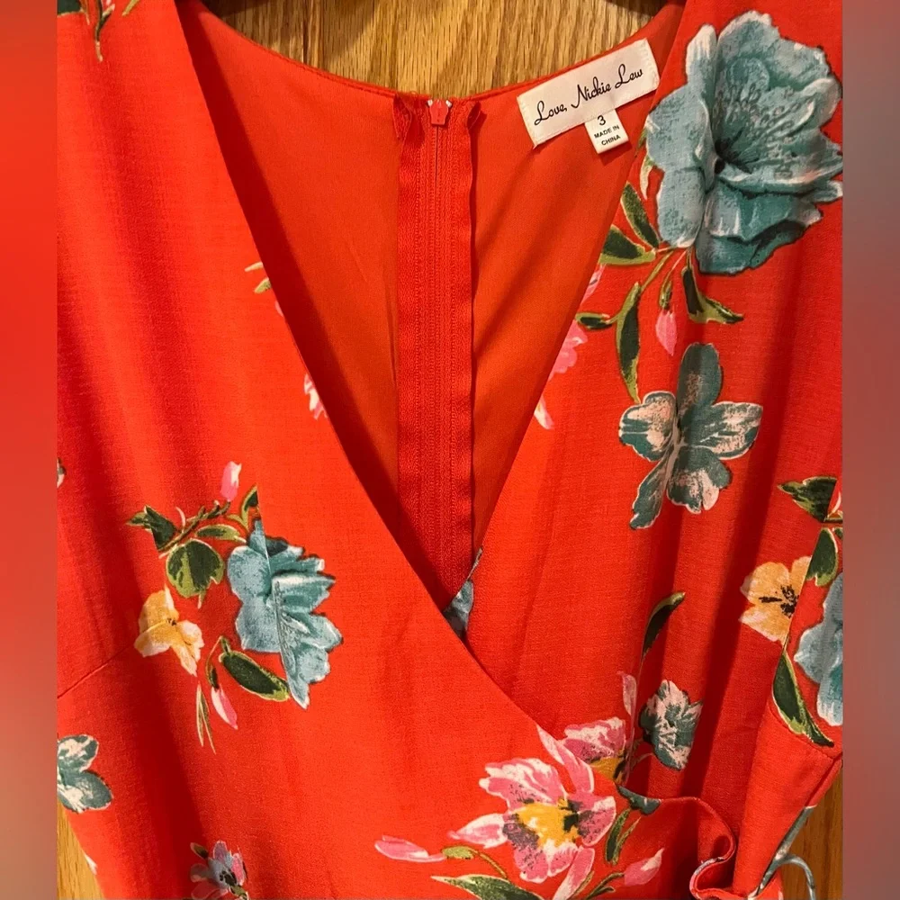 Nordstrom Love, Nickie Lew Orange Floral Faux Wrap Ruffle Mini‎ Dress Size 3